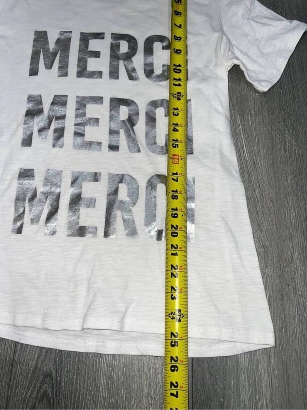 NWOT Cinq à Sept White Short Sleeve MERCI Silver Metallic Foil Graphic Tee Shirt - Picture 3 of 7